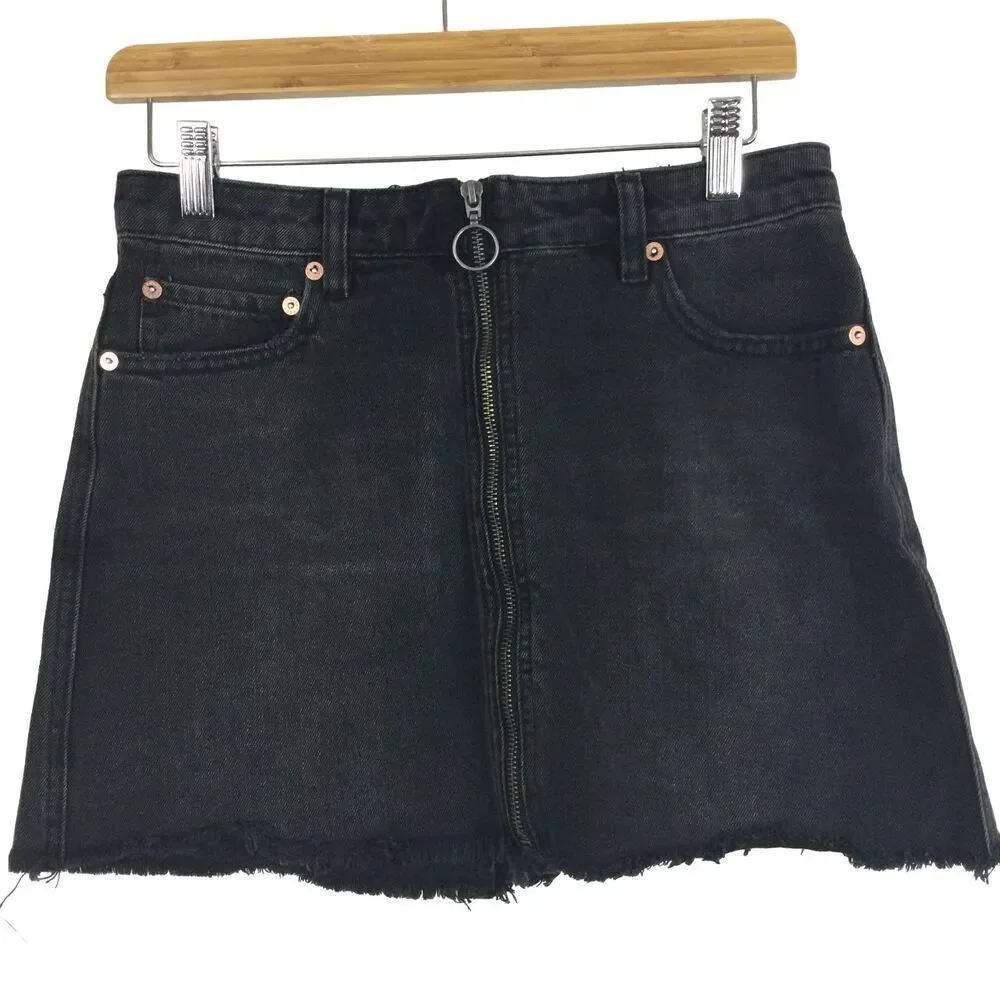 Free People Zip It Up Full Front Zipper Distressed Mini Denim Skirt Black Sz 26